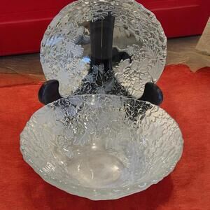 Clear Glass Crystal Bowl Embossed Frosted Spring Flowers and Clover 6in SET of 2